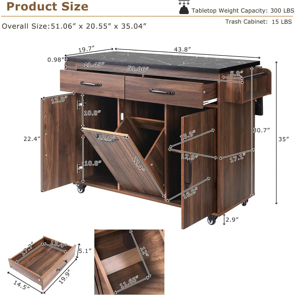Rolling Kitchen Island on Wheels with Hidden Trash Can Storage