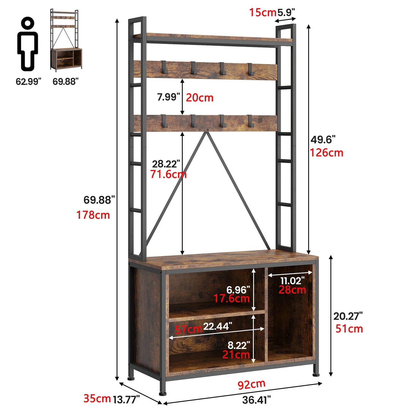 Hall Tree Entryway Bench with Coat Rack Shoe Storage 8 Hooks Industrial