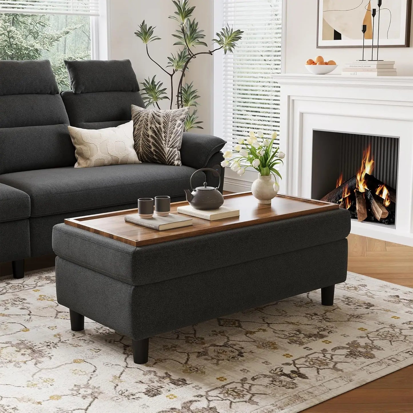 46 Inch Storage Ottoman Bench Linen Coffee Table Folding Footstool