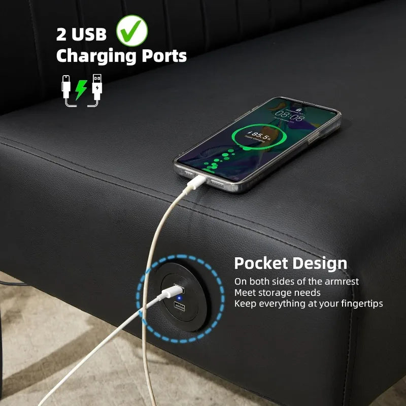 Ljustra Mini Black Leather Armless Loveseat Sofa with USB Port