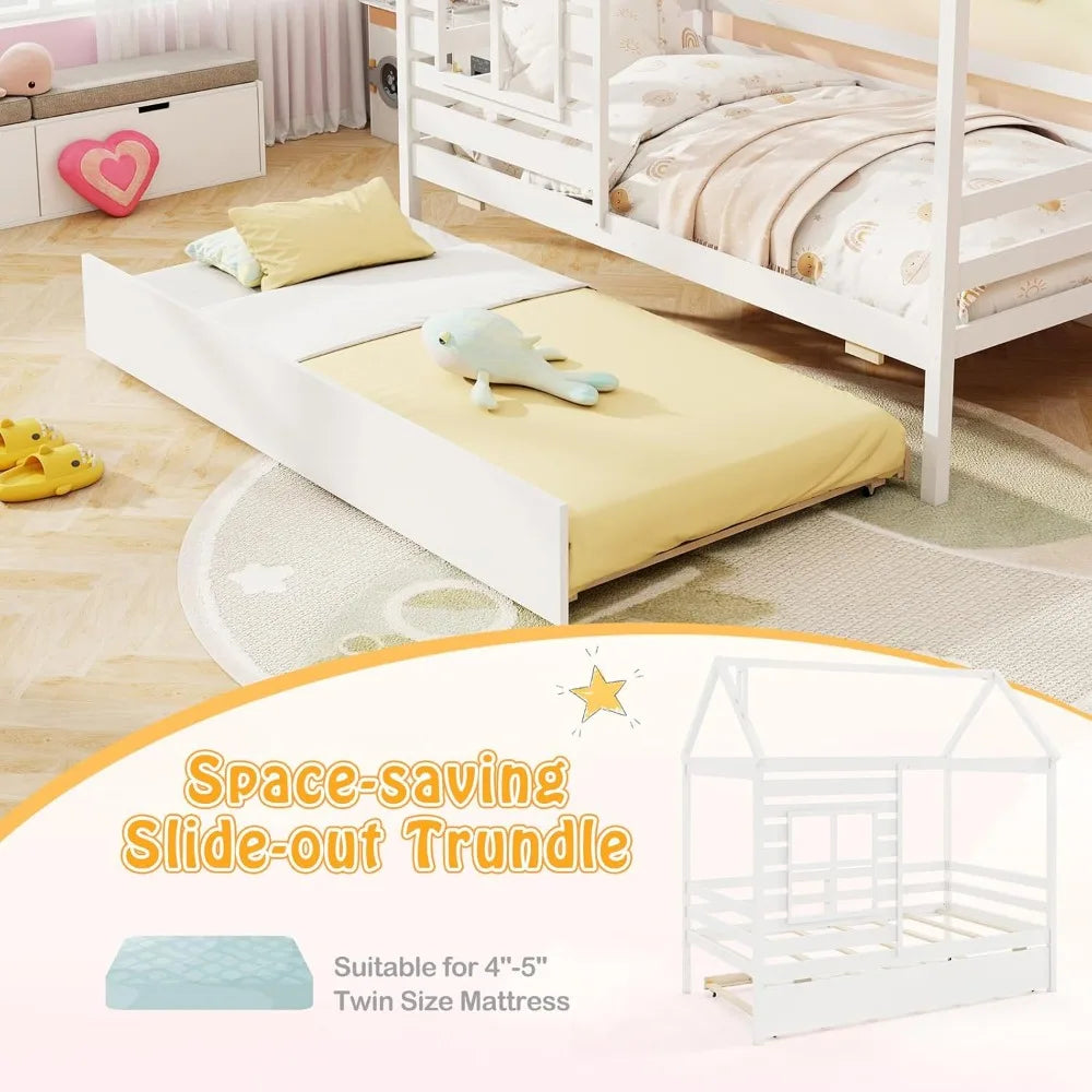 Twin Size Wooden House Bed with Trundle and Playhouse Features