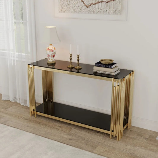 Modern Glass Console Table 55 Inch Gold Metal Frame for Living Room Entryway