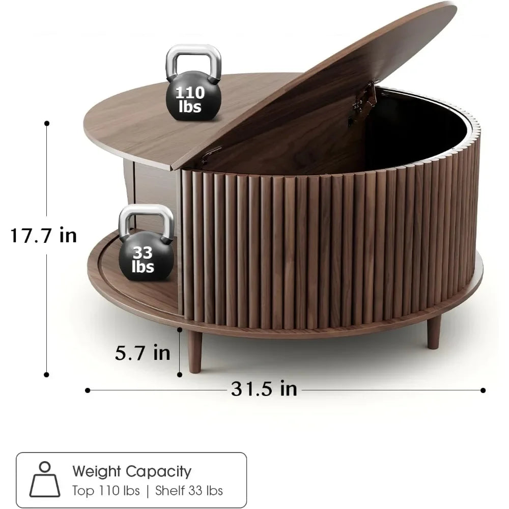 Round Coffee Table with Storage Mid Century Modern Sliding Door Table