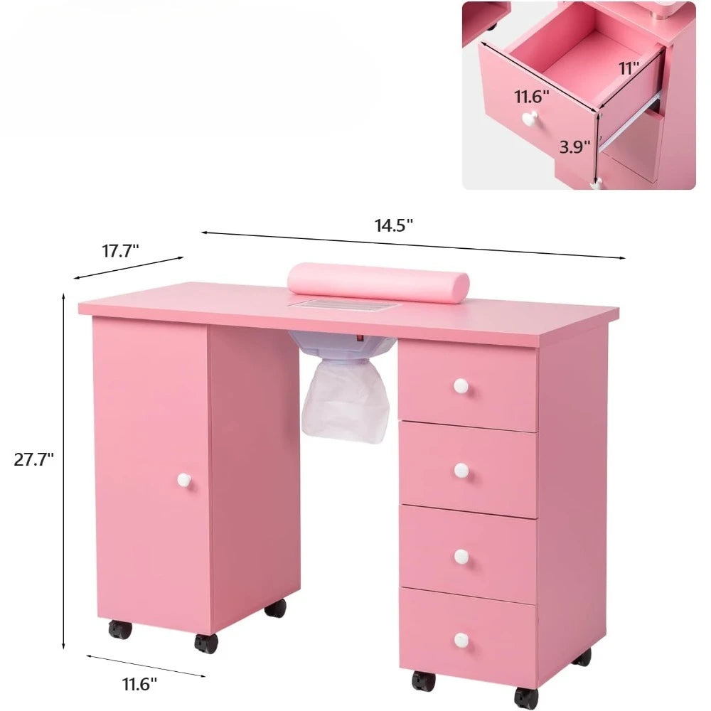 Manicure Table Nail Desk with Electric Downdraft Vent Lockable Wheels