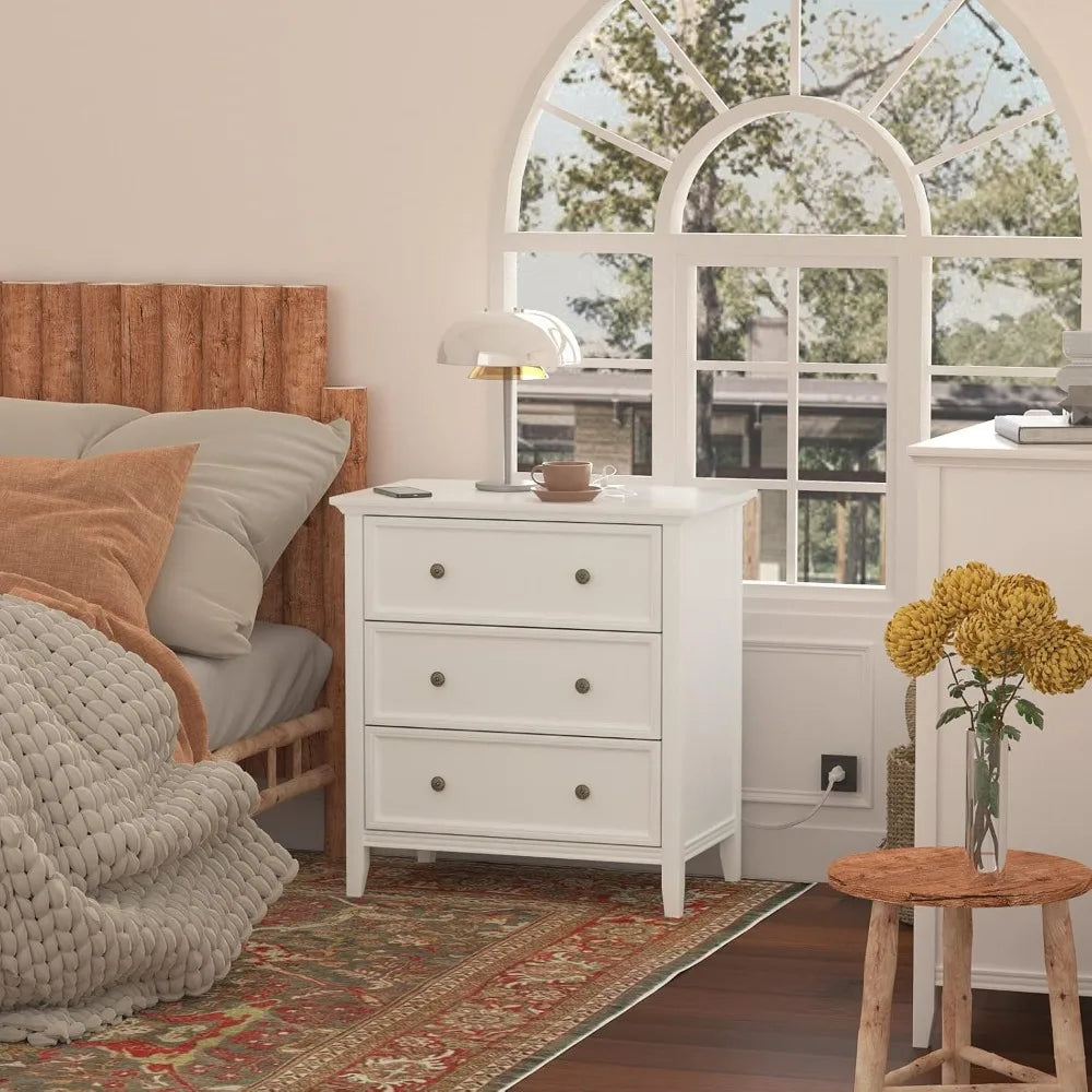 Nightstand with Charging Station 3 Drawers Solid Wood Bedroom Furniture
