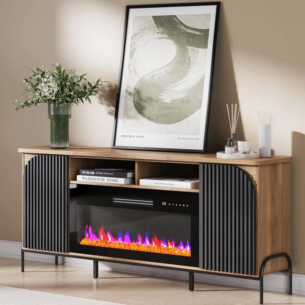 68 Inch Fluted TV Stand Electric Fireplace Modern Entertainment Center