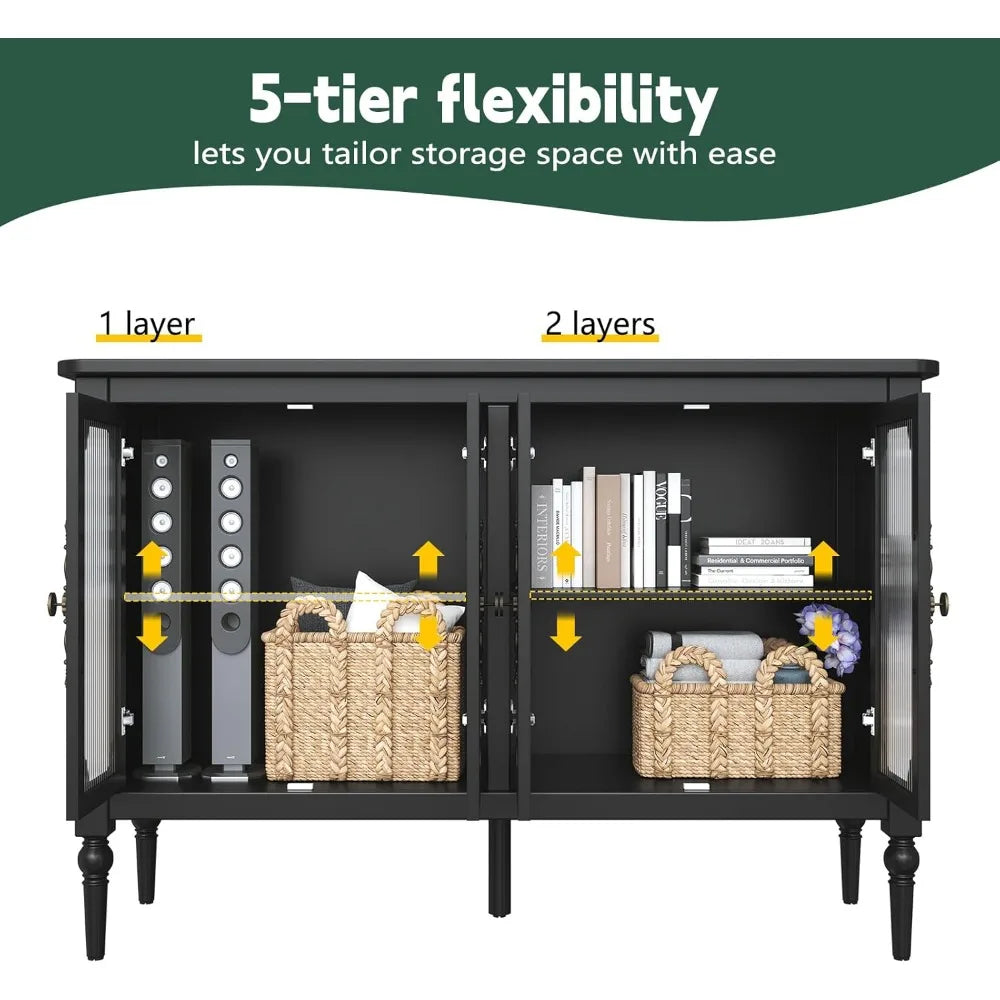 Vintage Buffet Sideboard with 4 Glass Doors Mid Century Storage Cabinet