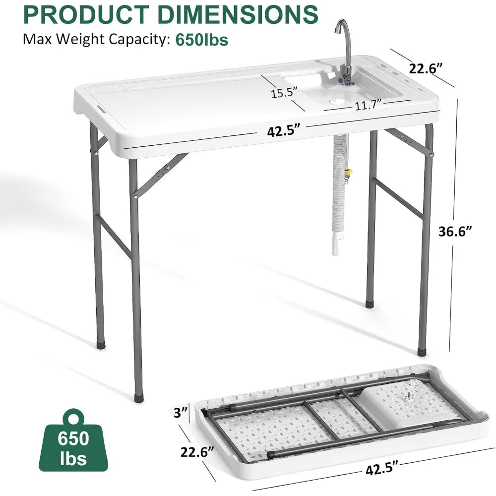 42.5" Fish Cleaning Table Sink Folding Camping Station Outdoor Use