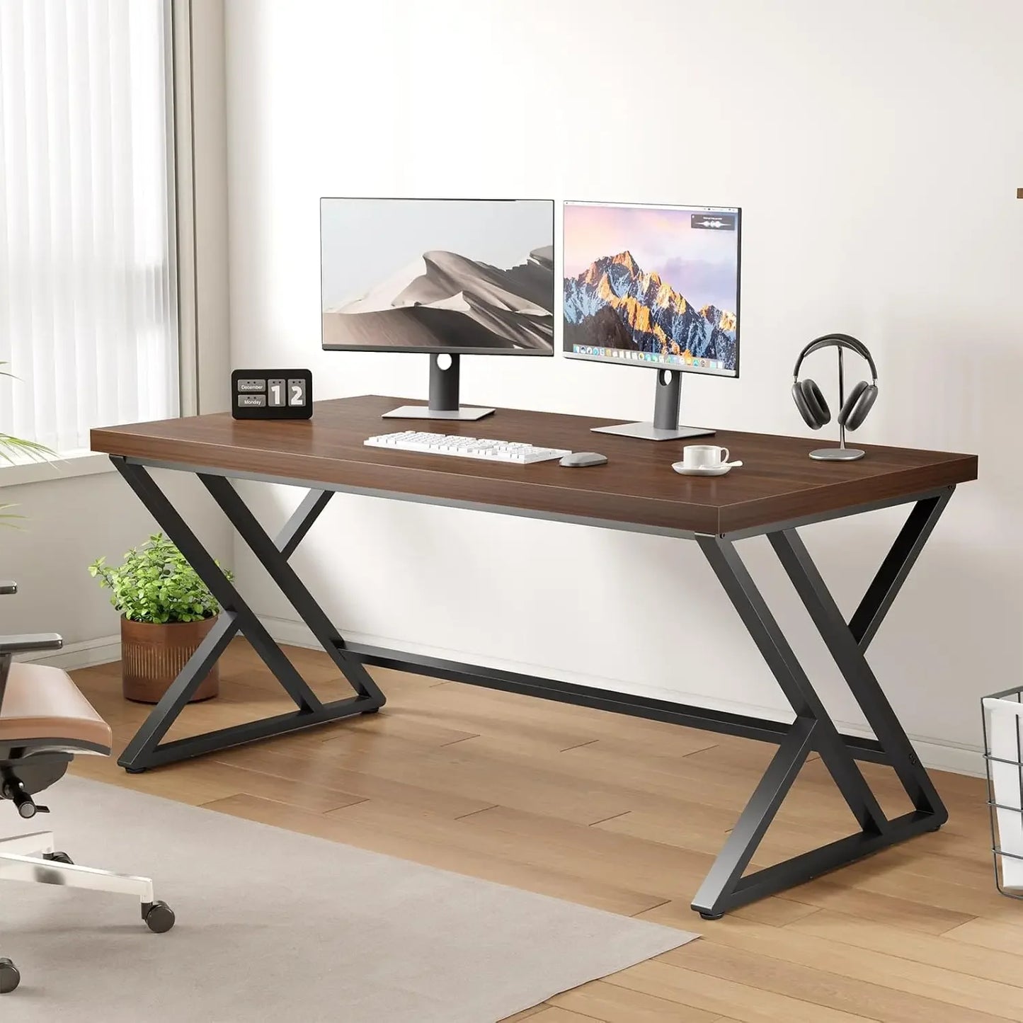 Industrial Computer Desk Rustic Wood Metal Home Office Writing Table