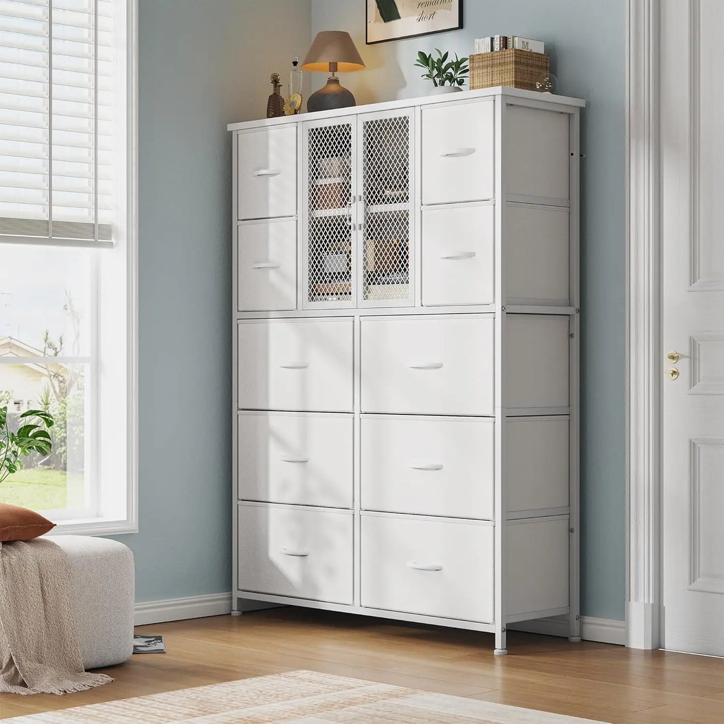 White Dresser Bedroom Organizer Tall Chest with 10 Fabric Drawers