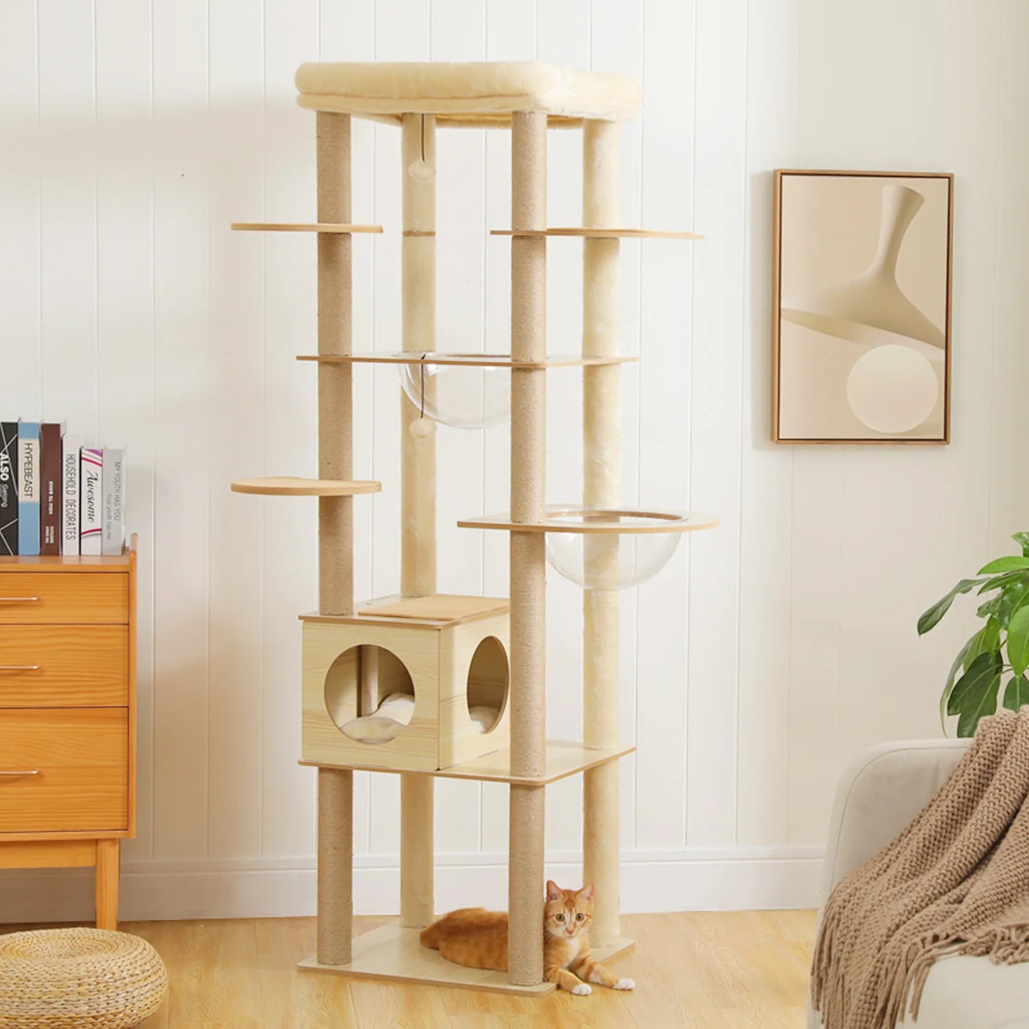Multi-Level Cat Tree Indoor Wood Tower with Hammock Scratching Posts