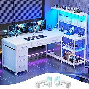 L Shaped Gaming Desk with Storage Drawers and Shelves for Home Office