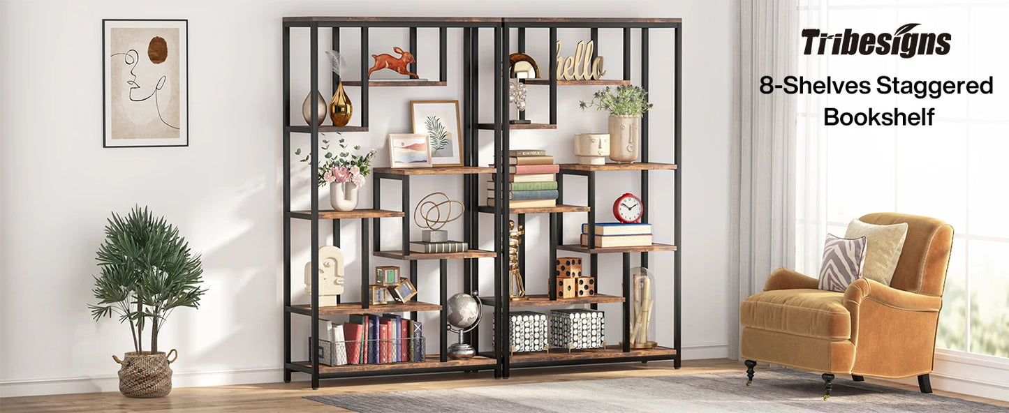Ljustra Modern 8-Tier Staggered Bookcase Wide Wood Etagere Shelving Unit