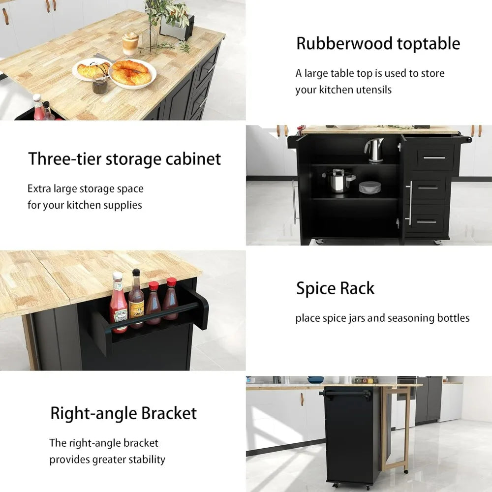 Kitchen Island Cart on Wheels Drop-Leaf Storage Cabinet Trolley