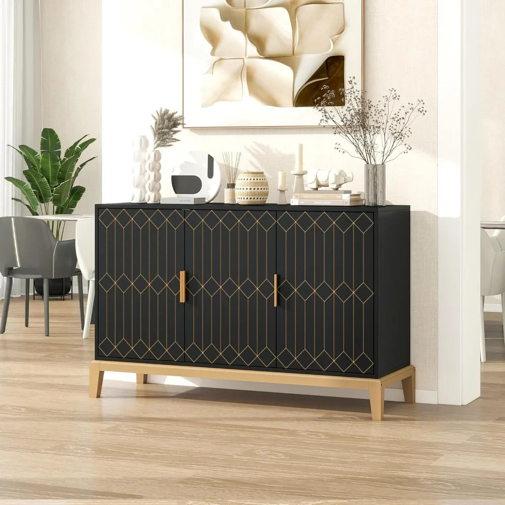 Black 47 Inch 3 Door Carved Line Storage Cabinet Sideboard Buffet