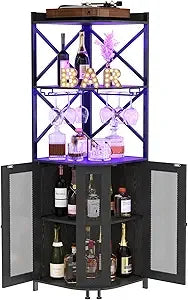 5-Tier Industrial Style Wine Bar Cabinet LED Lighting Glass Holder