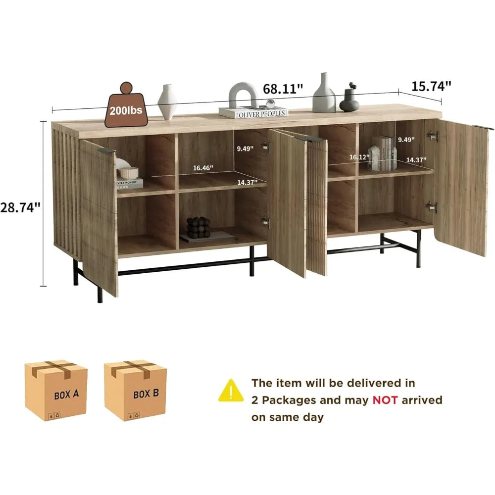 Large Fluted Sideboard Buffet Cabinet with LED Light Adjustable Shelves