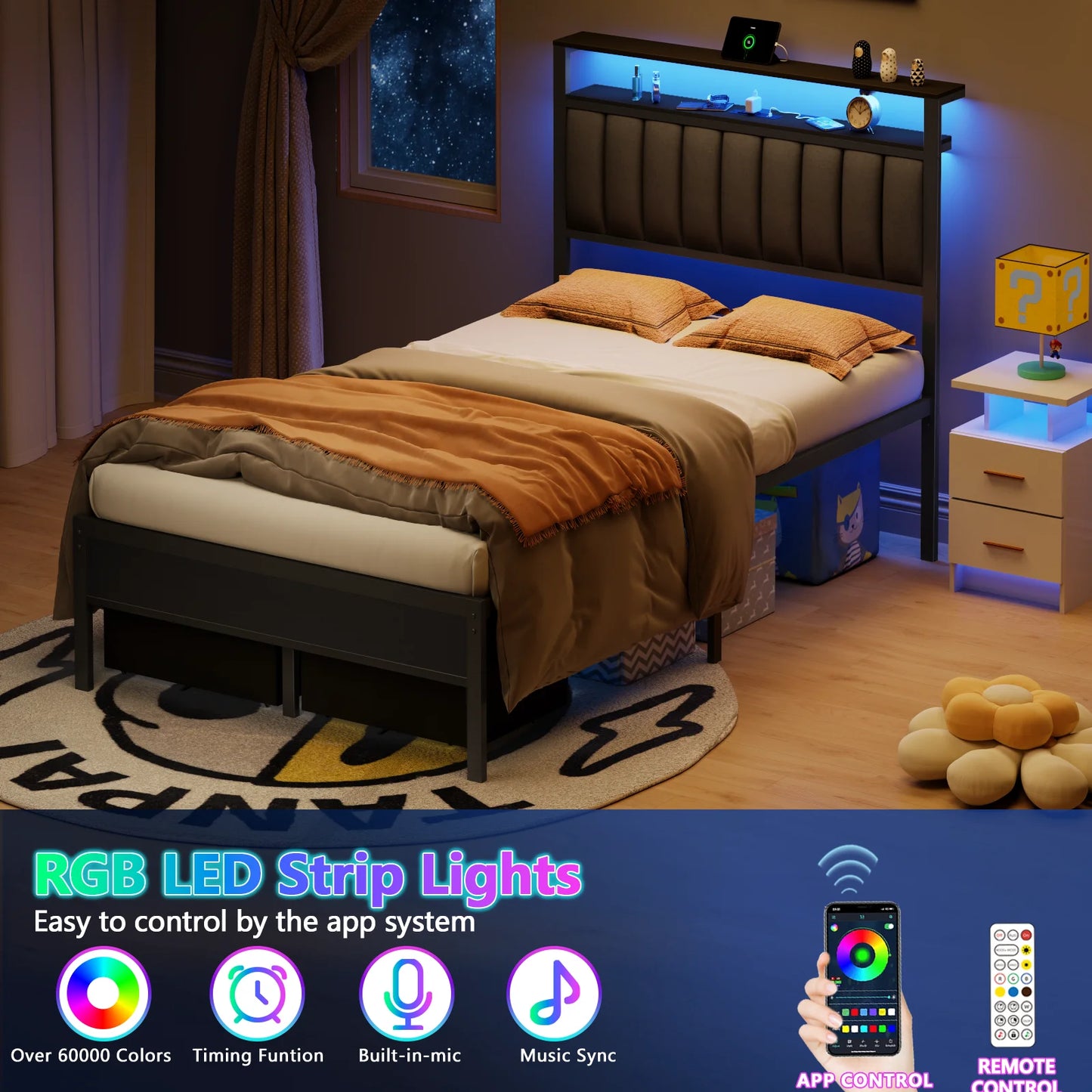 Ljustra Full Bed Frame with Charging Station LED Lights and Storage