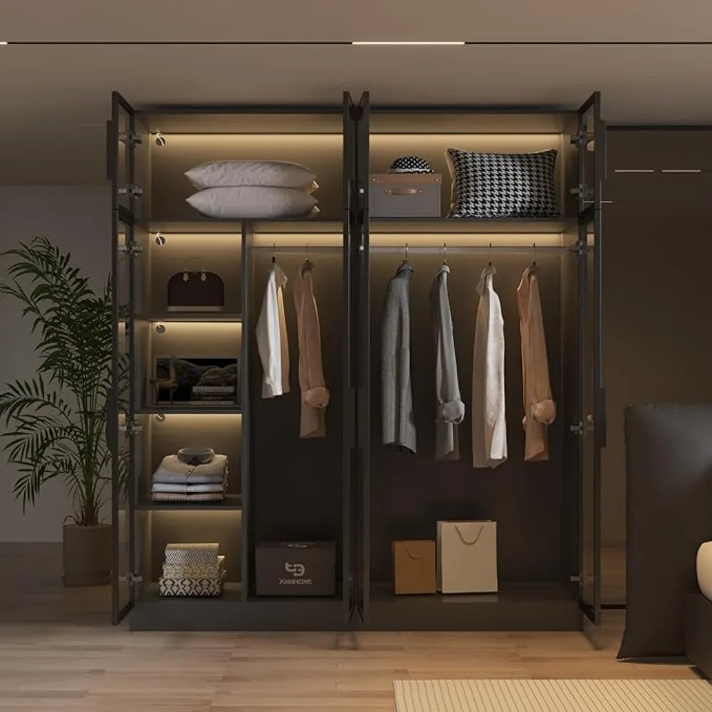 Ljustra Modern Wardrobe Cabinet with LED Light Strips Glass Doors 59.1 Inch