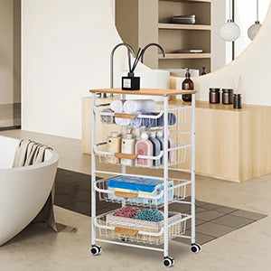 5 Tier Rolling Metal Cart with Drawers Wheels Multi Room Storage