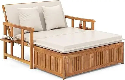 Outdoor Wood Daybed Solid Acacia Loveseat Storage Ottoman Adjustable Backrest