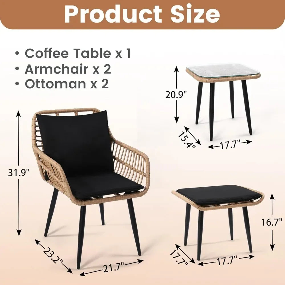 5 Piece Wicker Bistro Patio Furniture Set with Chairs Ottomans Table