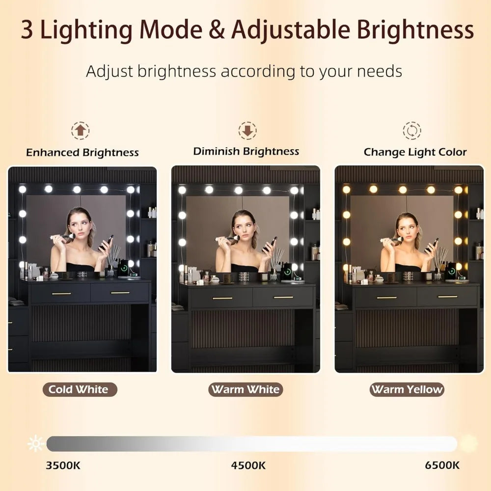 Black Vanity Desk with Mirror LED Lights Charging Station Makeup Table