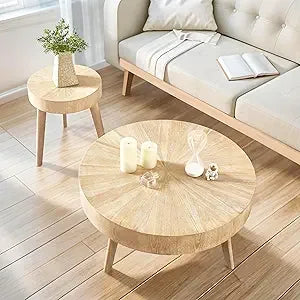 Wood Round Coffee Table 2 Tier Rustic Natural Living Room Storage