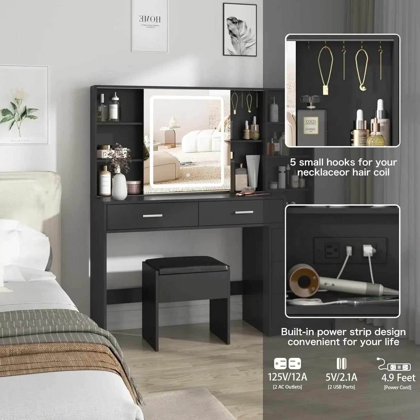 Makeup Vanity Desk with Sliding Mirror LED Lights and Charging Station