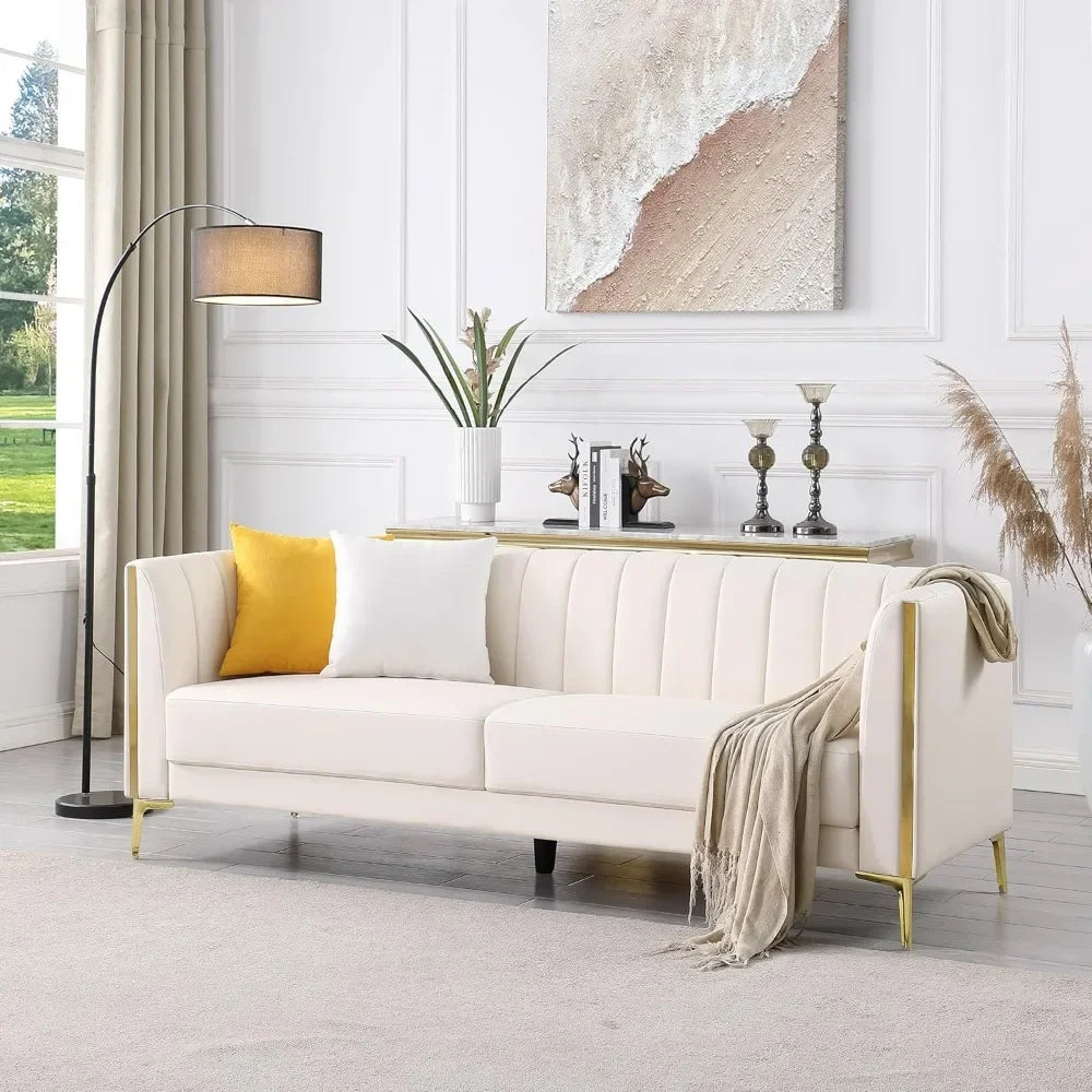 Modern White Faux Leather 3 Seater Sofa with Gold Legs and Pillows
