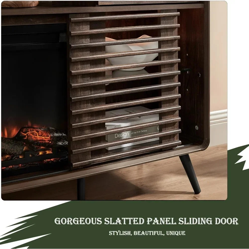 Fireplace TV Stand for 80 Inch TV Mid Century Modern Entertainment Center