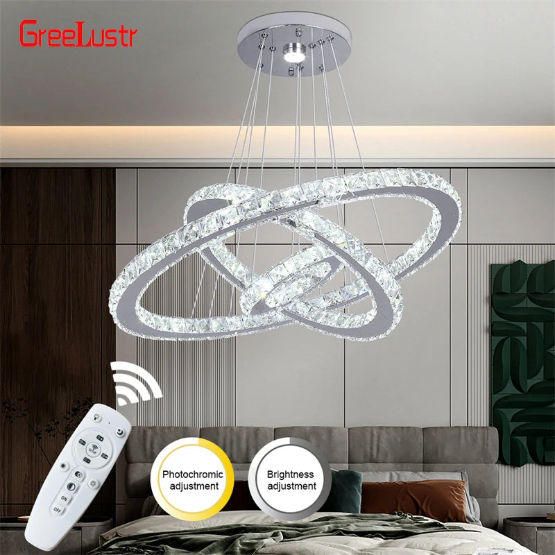 Modern Crystal Rings LED Chandelier Luxury Ceiling Lamp Remote Control