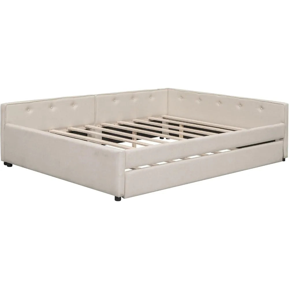 Queen Bed Frame with Trundle Linen Upholstered Daybed with USB Ports