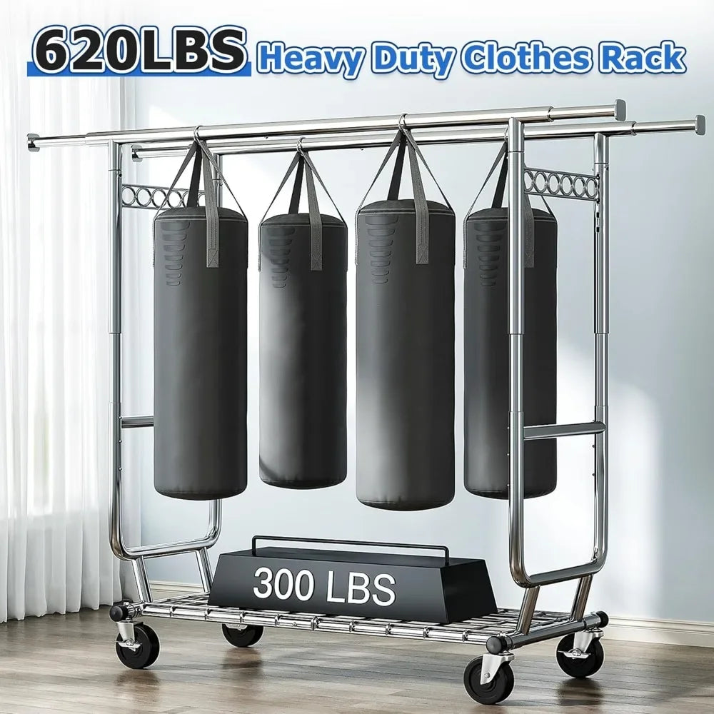 Heavy Duty Adjustable Rolling Clothes Rack 620LBS Portable Storage