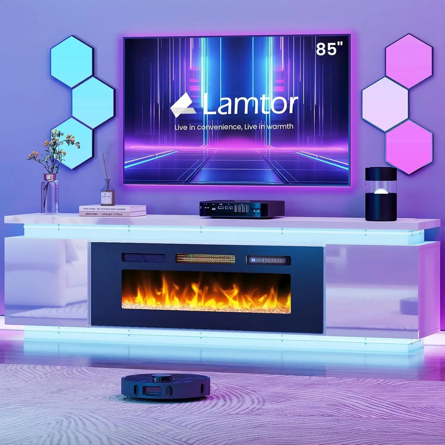 Fireplace TV Stand for 85 Inch TVs with RGB LED Lights and 4 Outlets