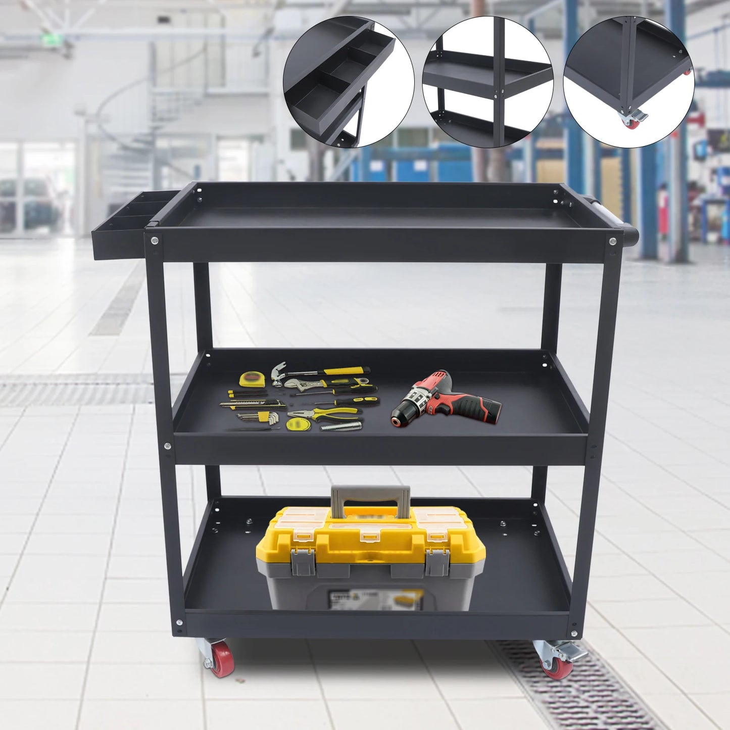 Black 3-Tier Heavy Duty Rolling Tool Cart Utility Organizer Trolley