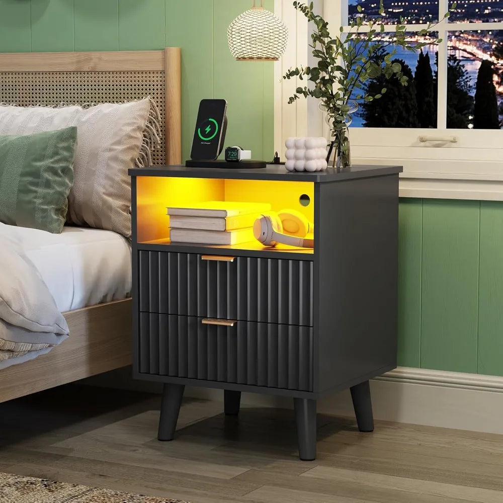 Fluted Nightstand Set of 2 with Charging Station Modern Bedside Table