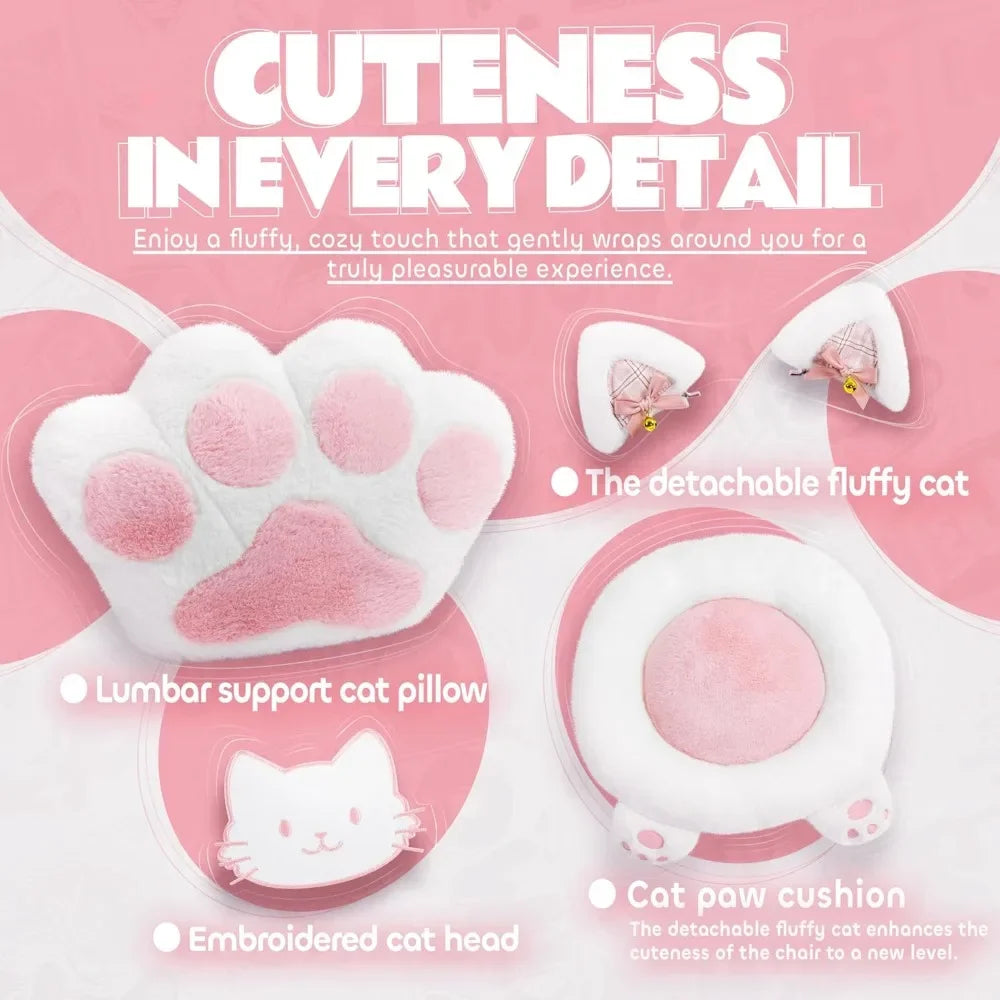 Cute Gaming Chair with Cat Ears Lumbar Cushion Ergonomic Footrest Reclining