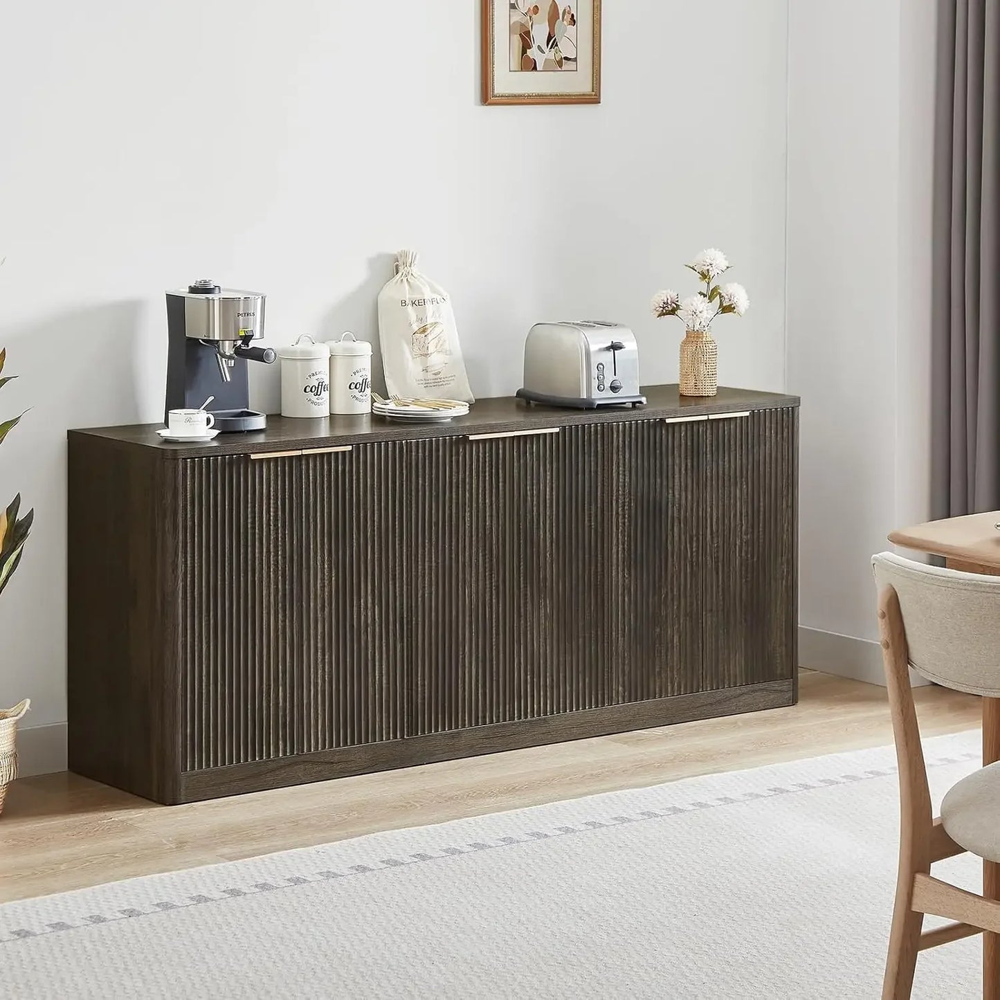 67 Inch Walnut Fluted Sideboard Buffet Cabinet with 6 Doors Storage