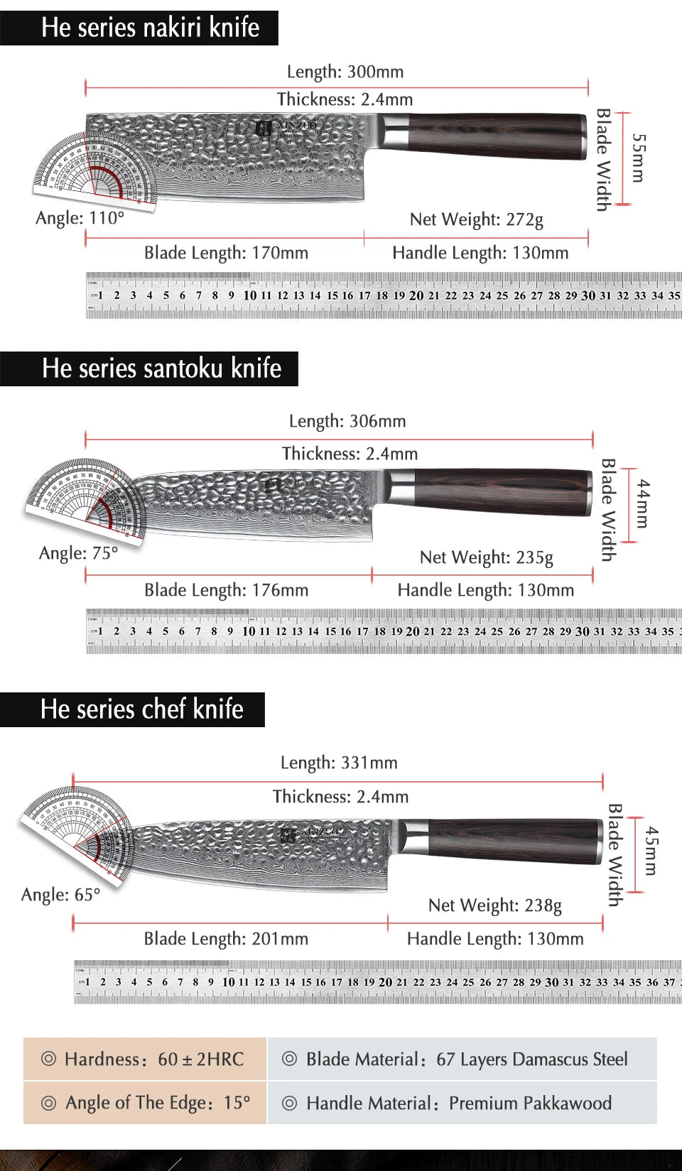 Ljustra 5PC Kitchen Knives Set VG10 Damascus Steel Pakkawood Handle