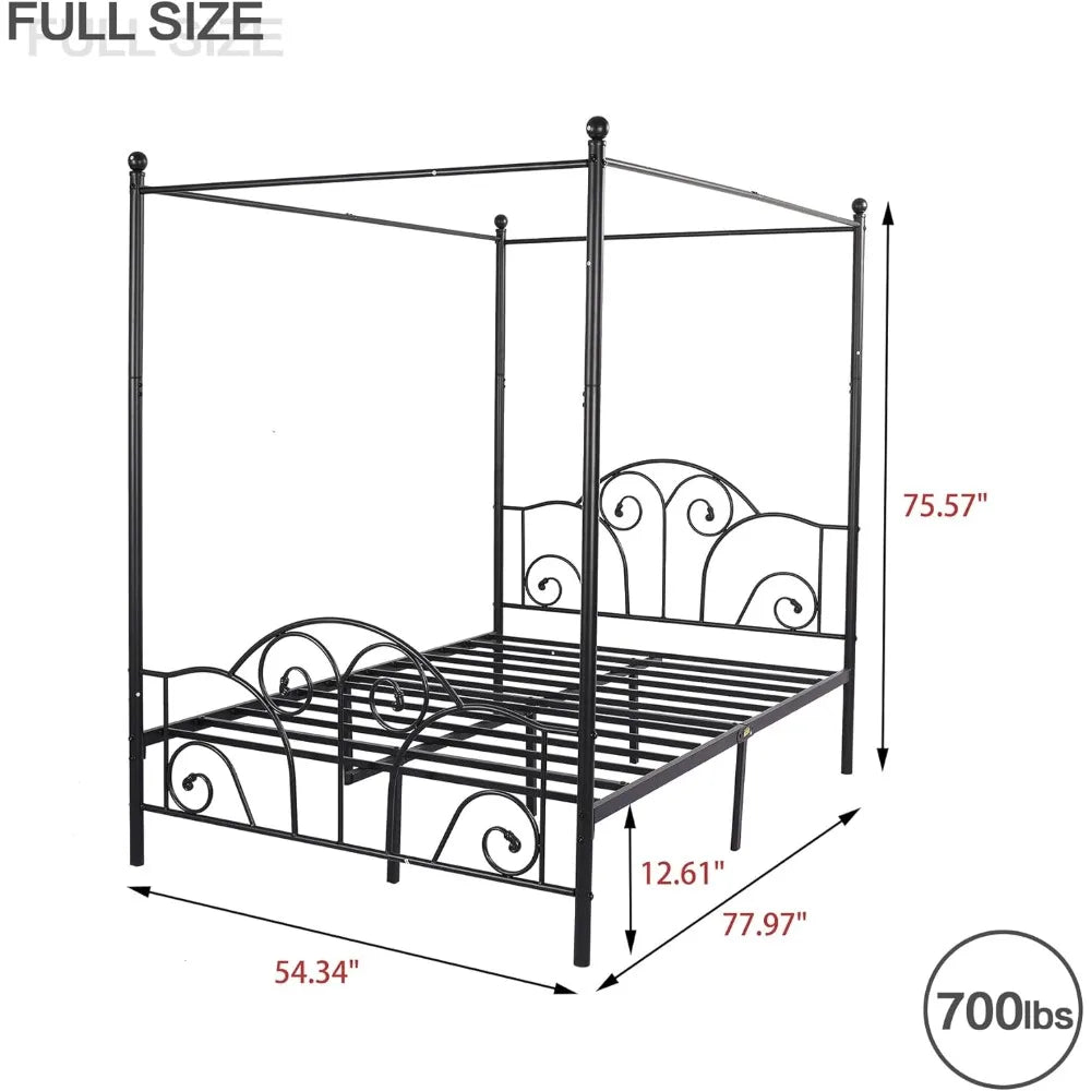 Full Size Four-Poster Metal Canopy Bed Frame with Headboard and Footboard