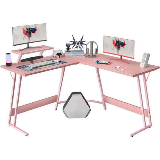 **** Pink L Shaped Gaming Desk Computer Corner Table with Monitor Stand