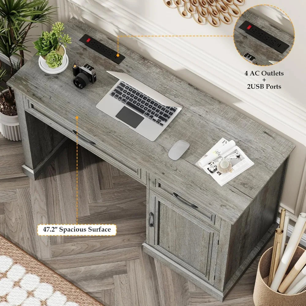 Rustic Farmhouse Executive Desk with Storage and Charging Station