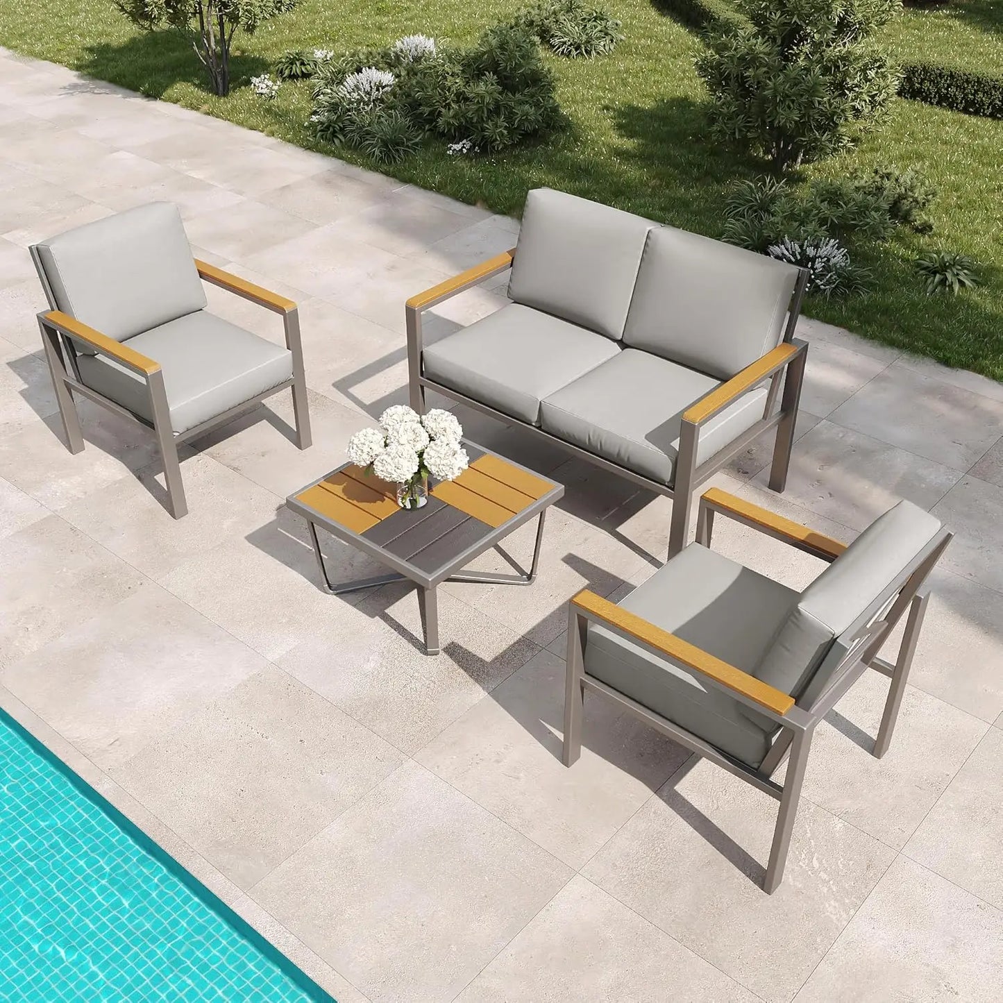 Ljustra 5-Piece Modern Patio Furniture Set with Fire Pit Table and Cushions