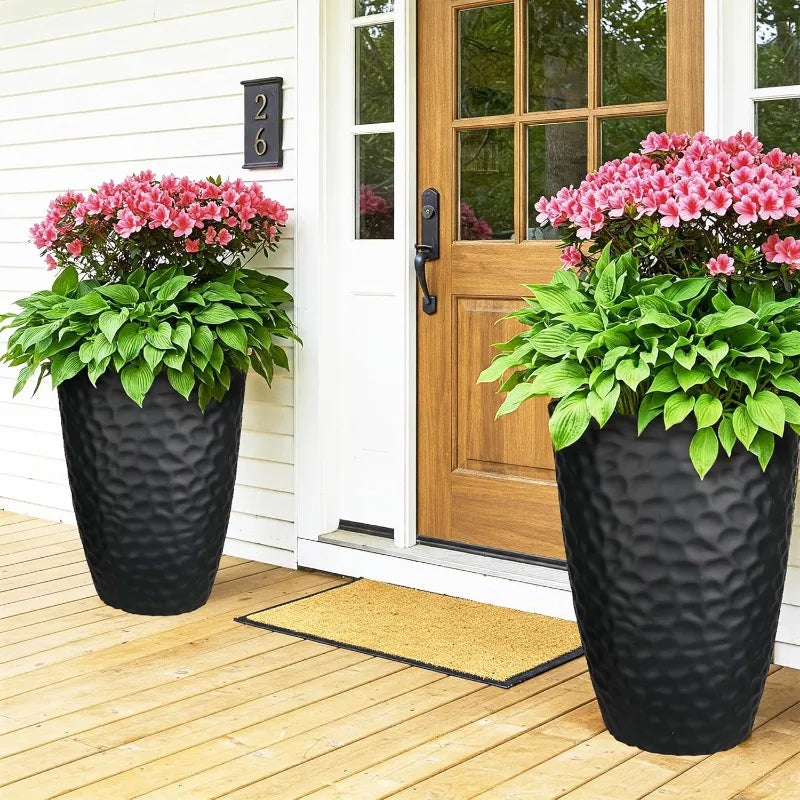 Garden Tall Hammered Texture Planters Set of 2 Matte Black Plastic