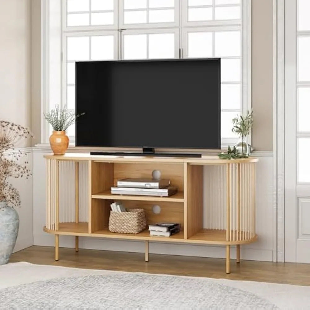 Oval Boho TV Console Hand-Woven Mid-Century Modern TV Stand Storage