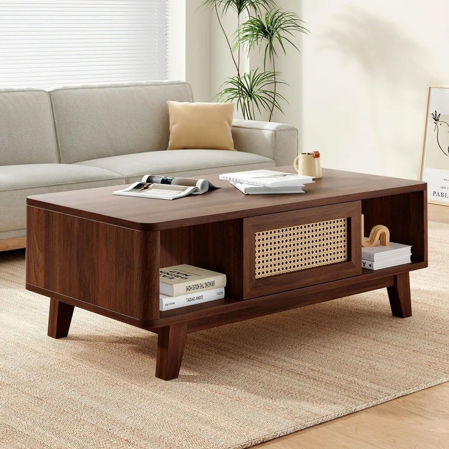 Mid Century Modern Coffee Table with Rattan Drawer for Living Room