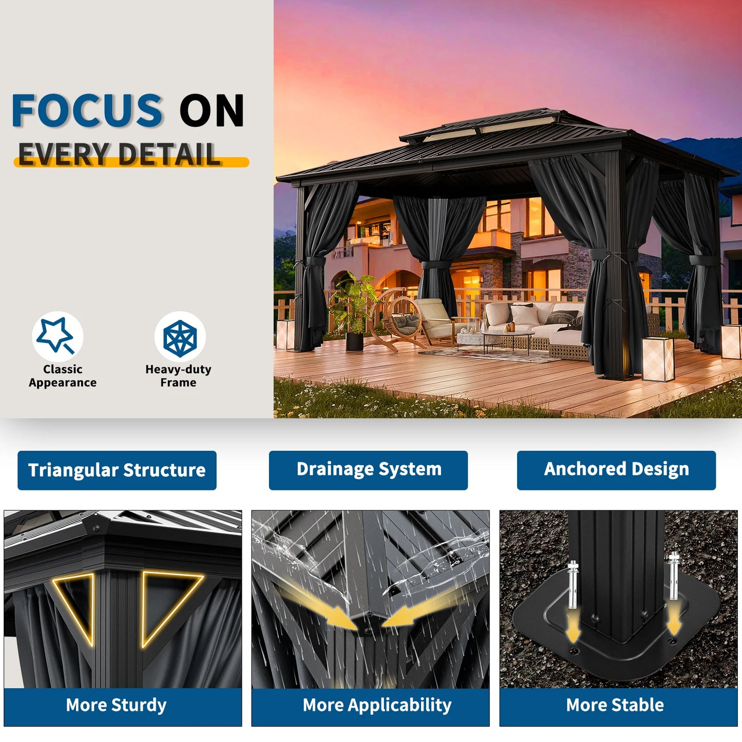 10x12ft Hardtop Gazebo Heavy Duty Aluminum Frame with Netting Curtains