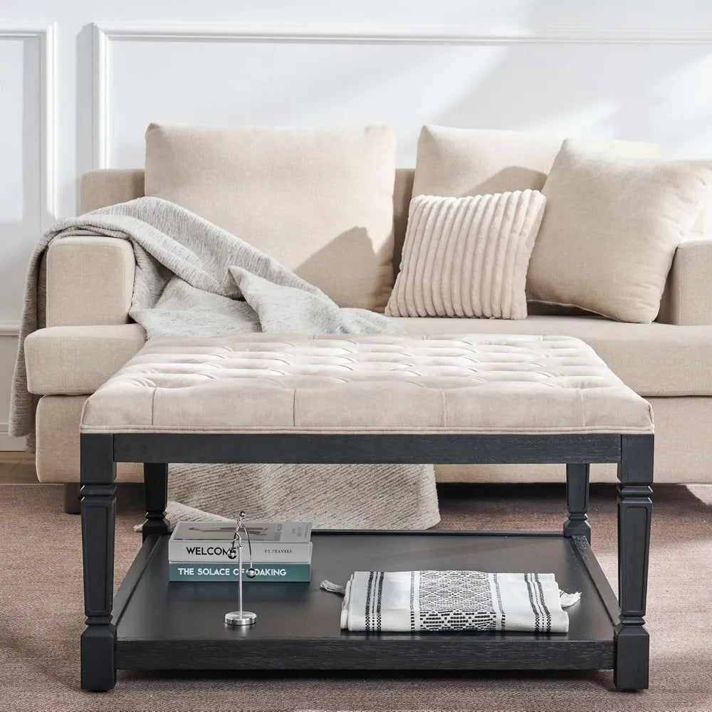 Large 35 Inch Square Storage Ottoman Coffee Table with Tufted Top