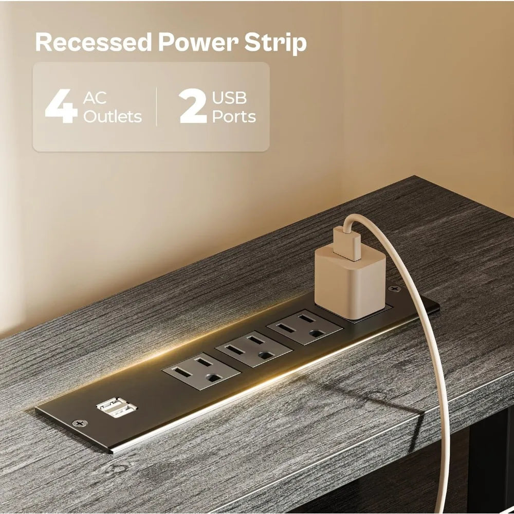 55 Inch Computer Desk with Drawers LED Lights Power Outlets Gaming Desk